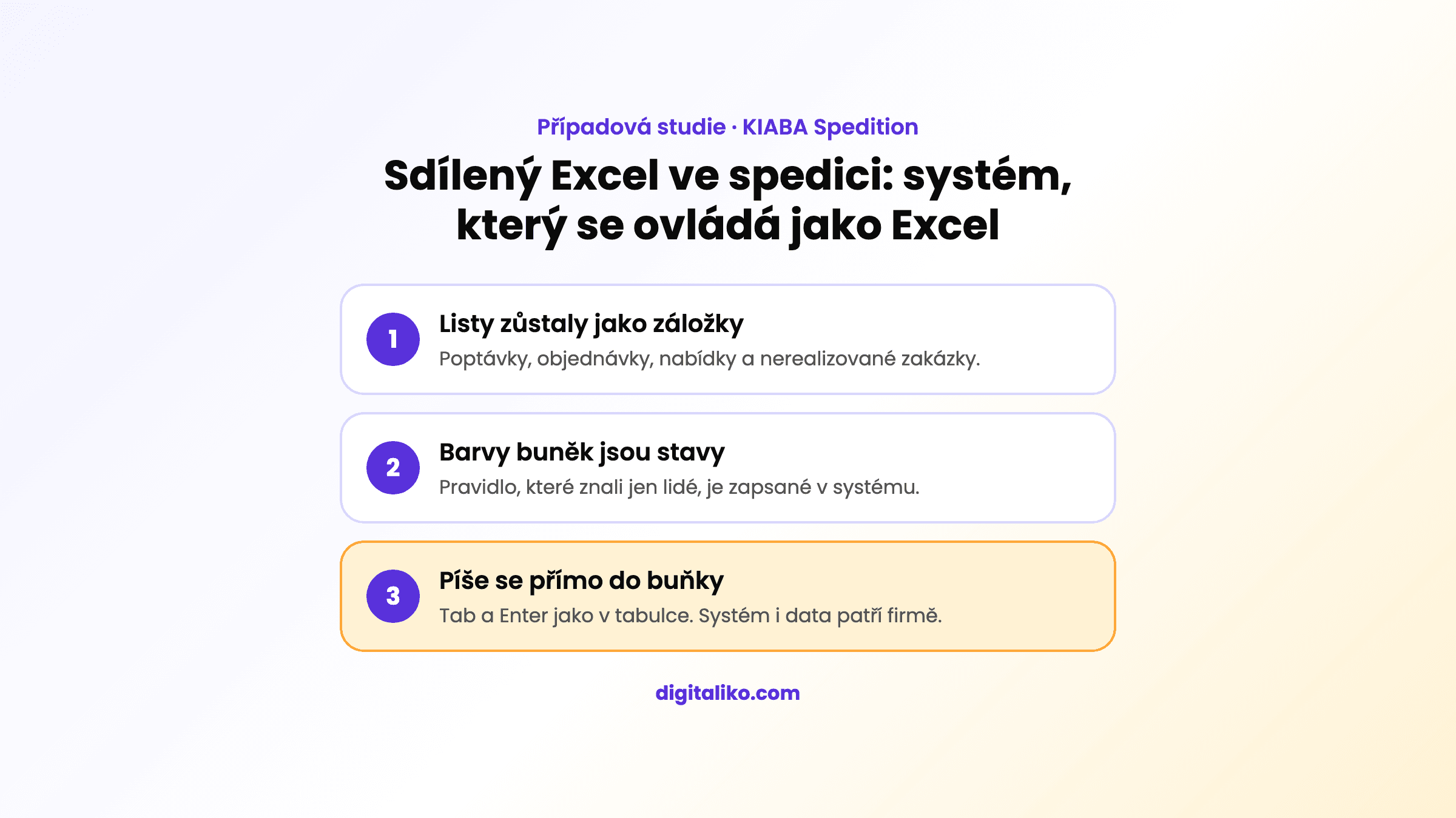 Tři kroky: listy zůstaly jako záložky, barvy buněk jsou stavy, píše se přímo do buňky