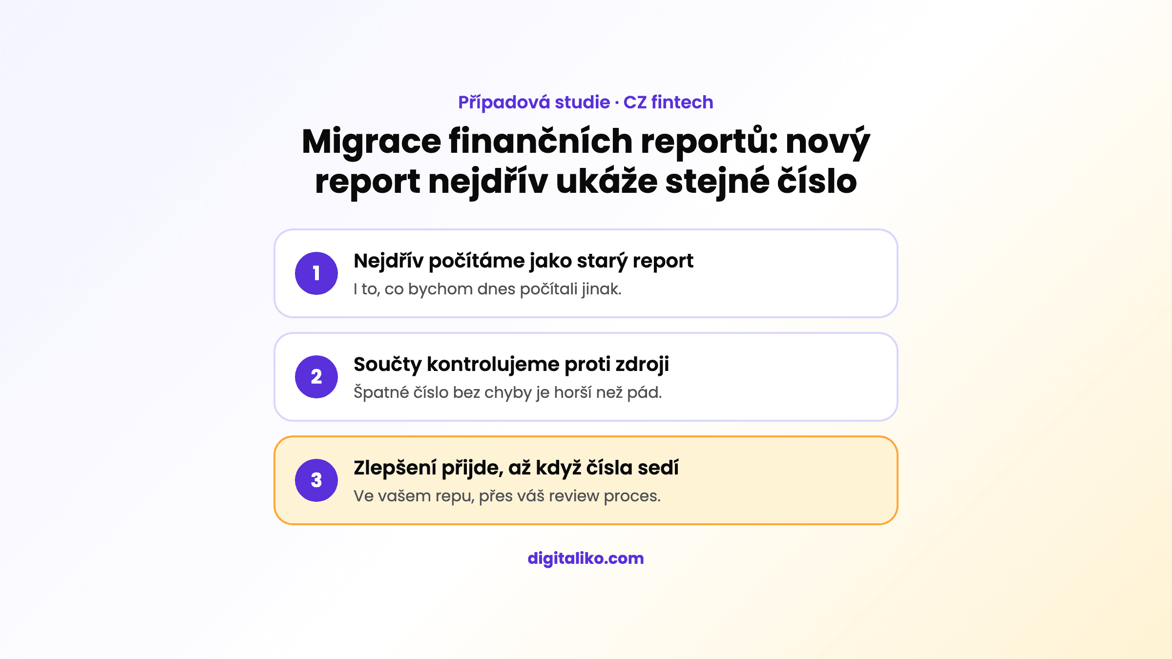 Tři kroky migrace reportů: počítat jako starý report, kontrolovat součty proti zdroji, zlepšovat až potom