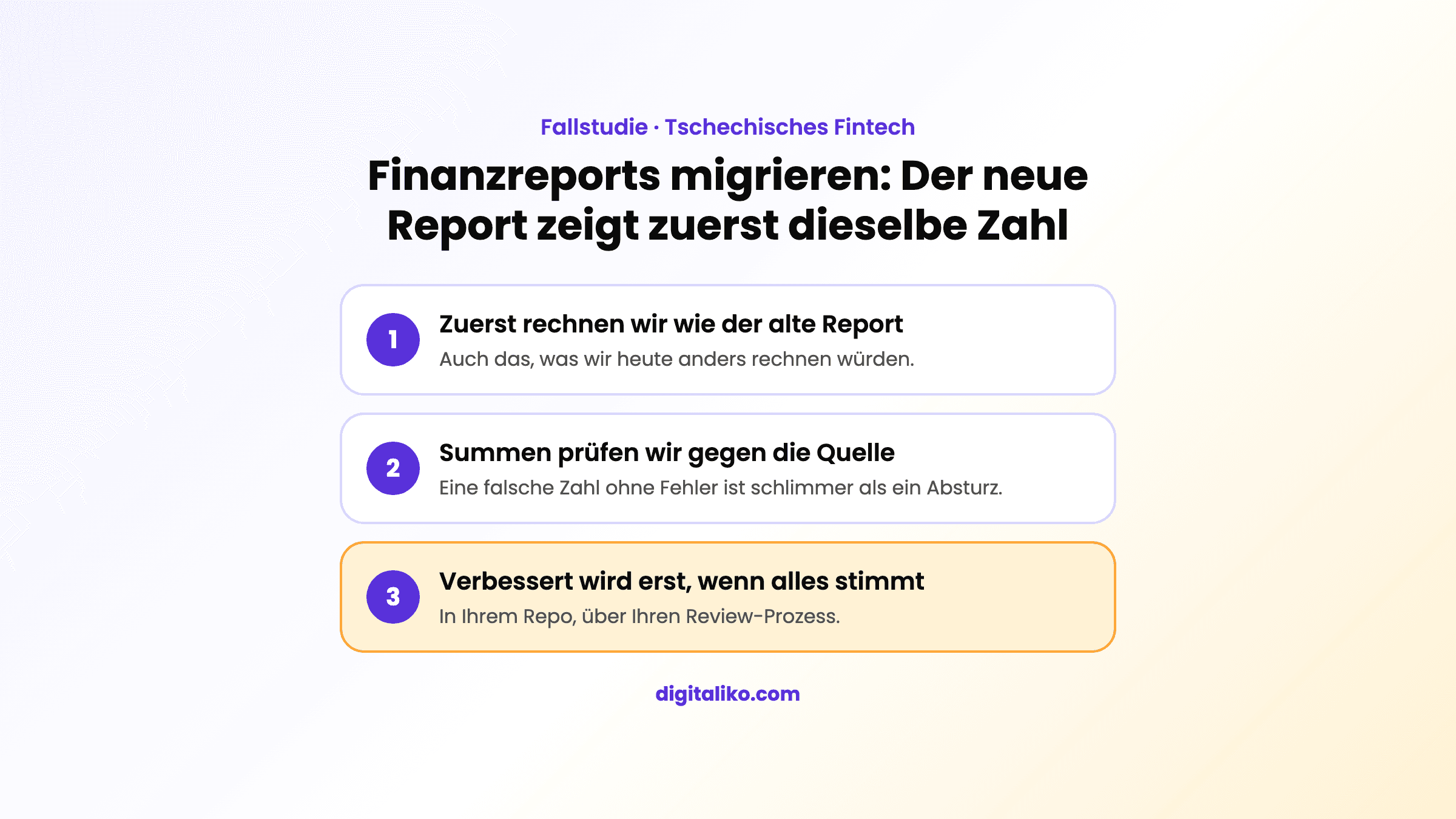 Drei Schritte der Report-Migration: rechnen wie der alte Report, Summen gegen die Quelle prüfen, erst danach verbessern