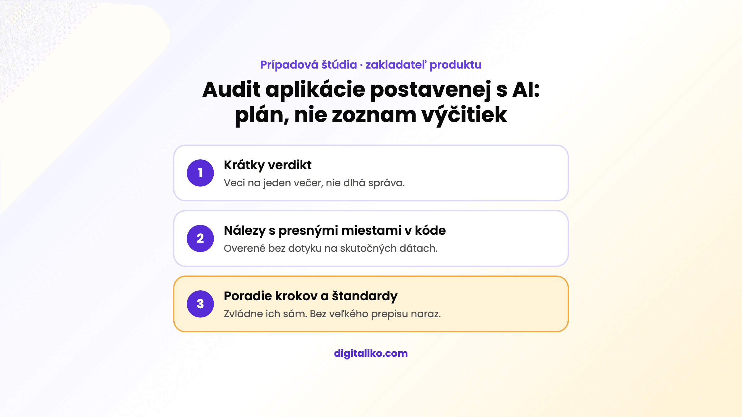 Čo zakladateľ dostal z auditu: krátky verdikt, nálezy s miestami v kóde, poradie krokov a štandardy