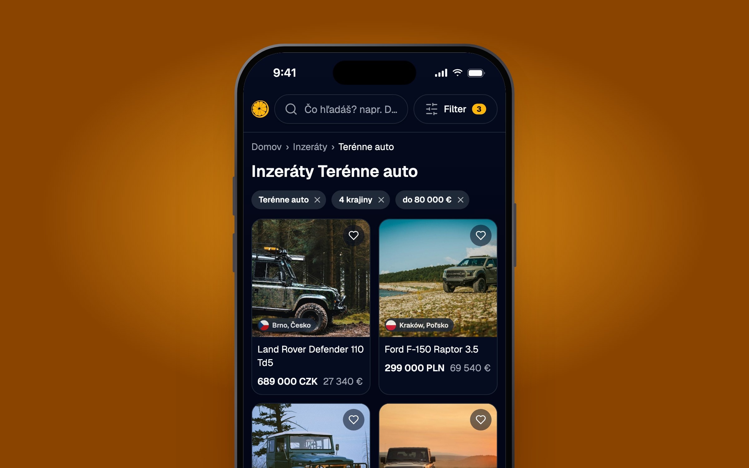 OffroadMarket search results on mobile: prices in the seller's currency and in euros