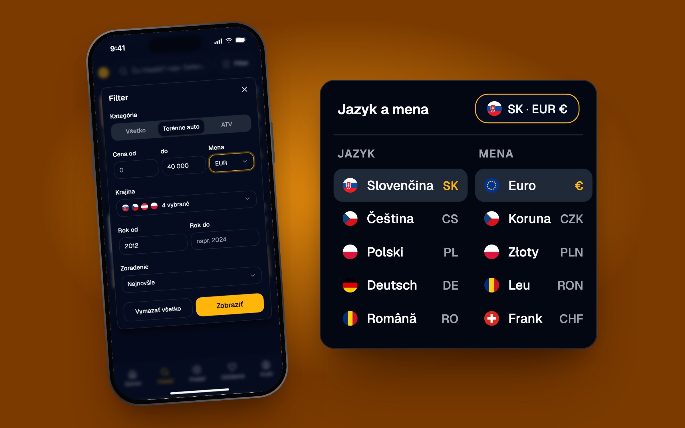 OffroadMarket listing filter and the language and currency picker